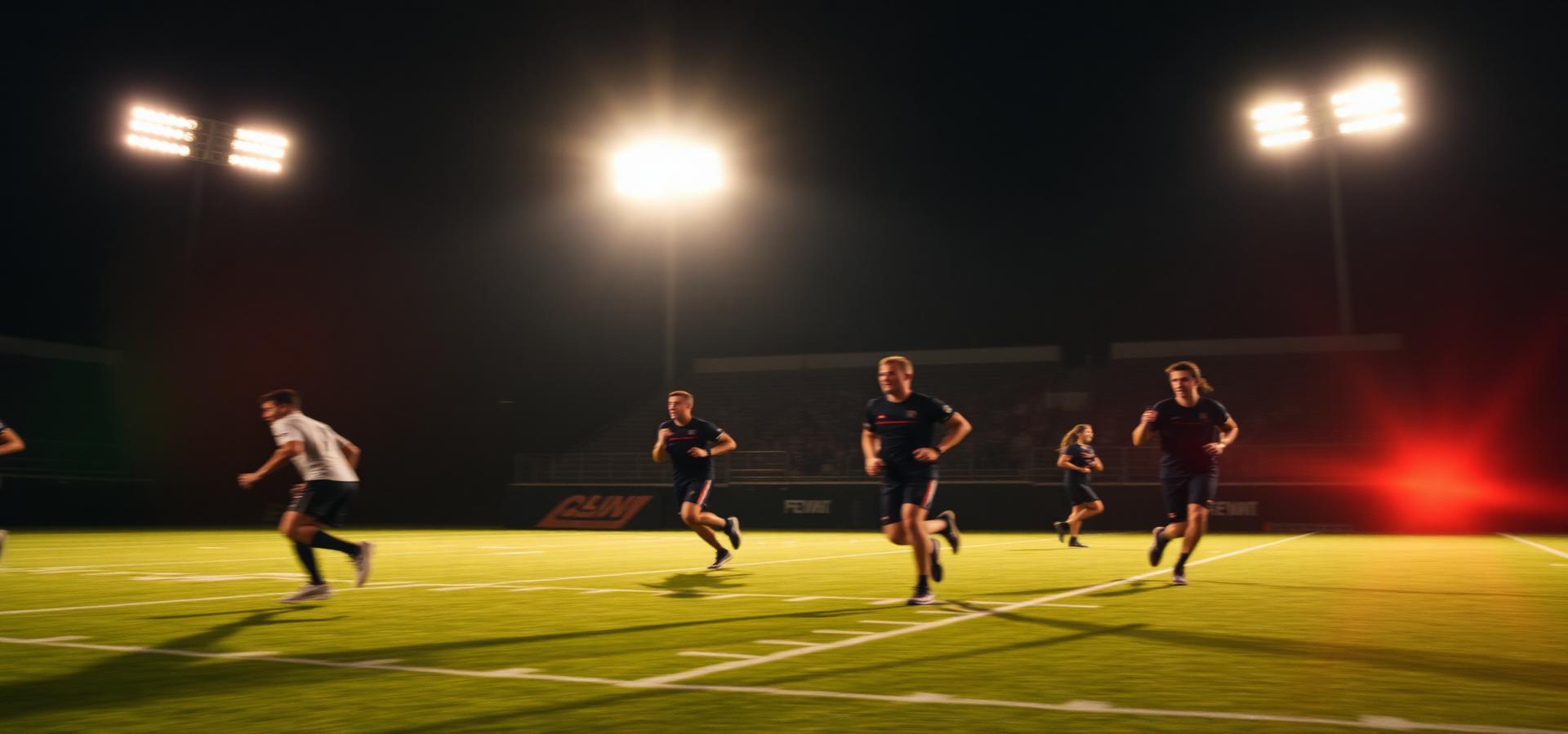 Deportistas entrenando bajo las luces del estadio
