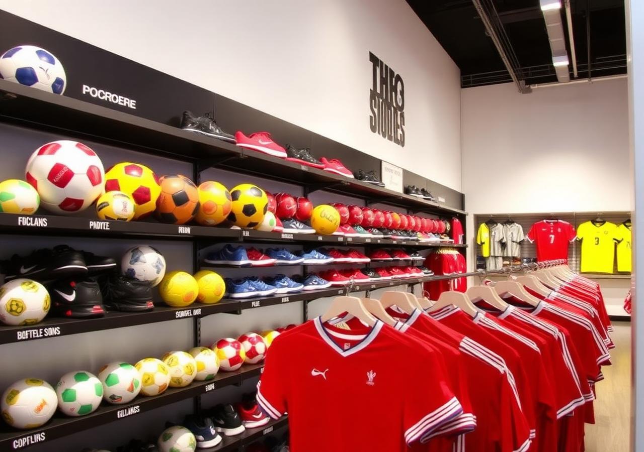 Exhibición de tienda con balones y jerseys